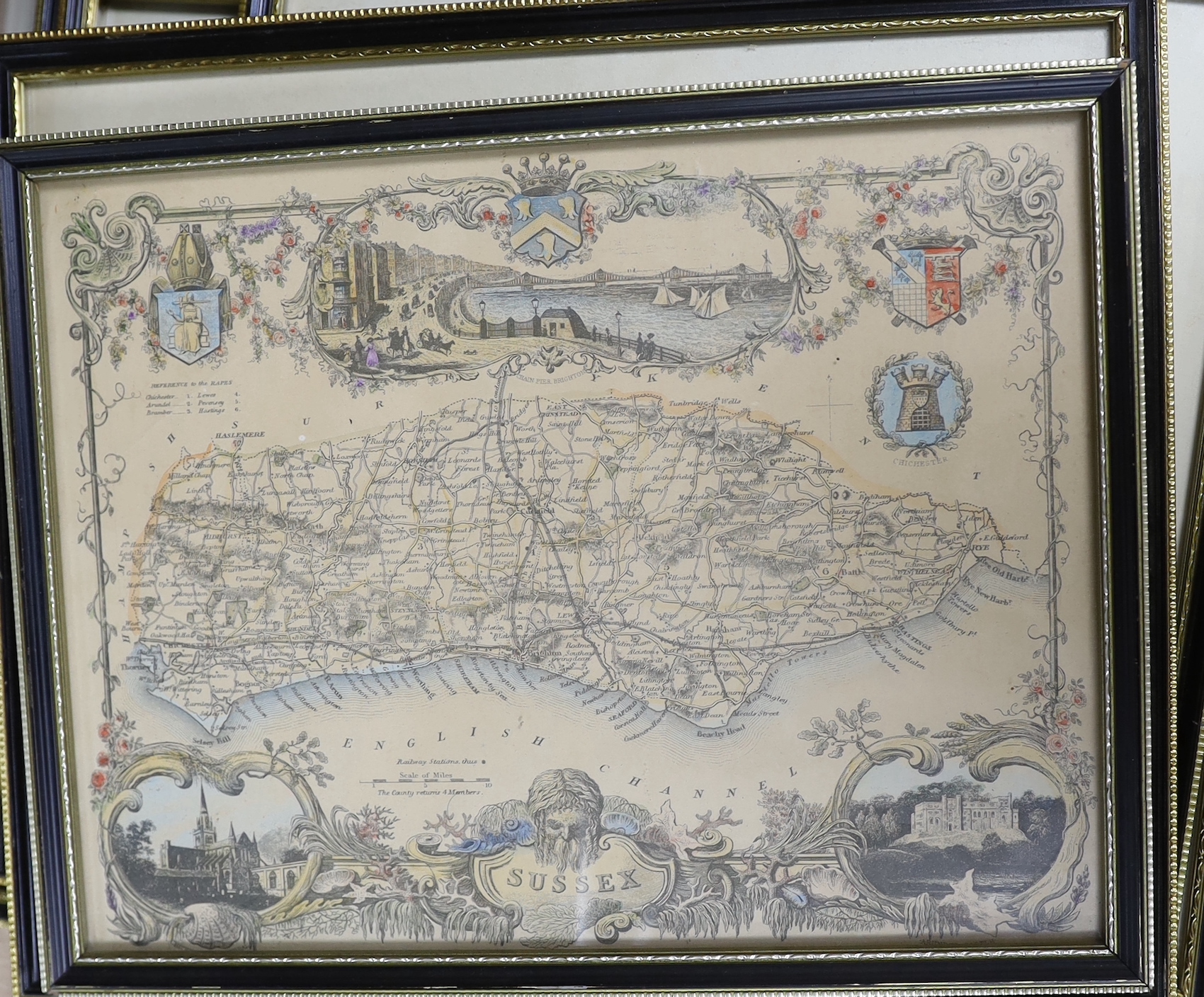 Seven framed Sussex related 18th and 19th century maps, including examples by T. Moule, T. Kitchin, J. Ellis, etc. largest 32 x 22cm